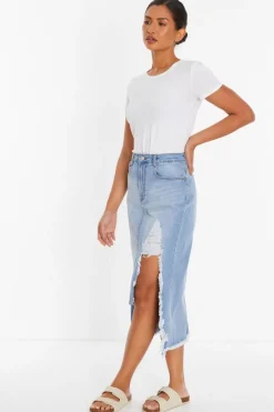 Quiz Blue Denim Extreme Rip Midi Skirt Online