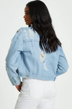 Quiz Blue Destressed Embellished Denim Jacket Hot