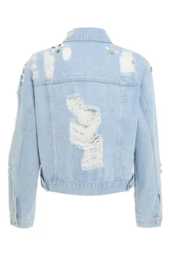 Quiz Blue Destressed Embellished Denim Jacket Hot