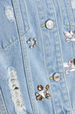 Quiz Blue Destressed Embellished Denim Jacket Hot