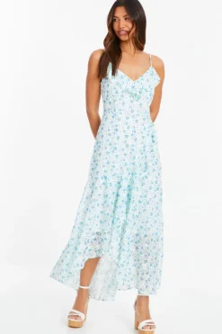 Quiz Blue Ditsy Print Chiffon Midaxi Dress Sale