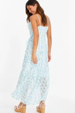 Quiz Blue Ditsy Print Chiffon Midaxi Dress Sale