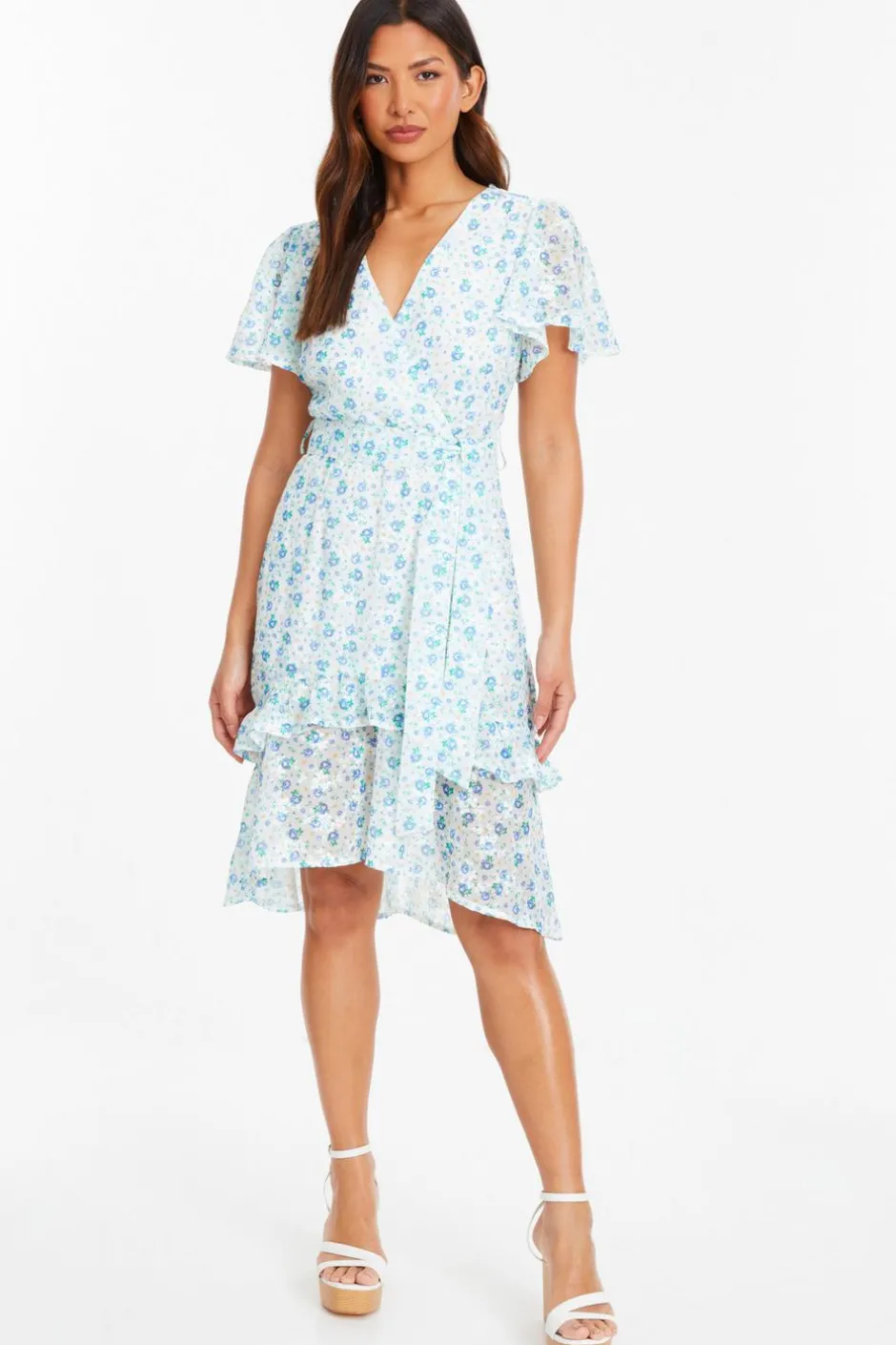 Quiz Blue Ditsy Print Chiffon Wrap Midi Dress Clearance