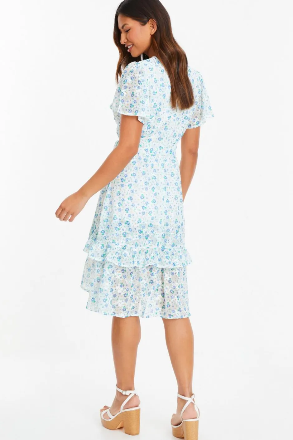 Quiz Blue Ditsy Print Chiffon Wrap Midi Dress Clearance