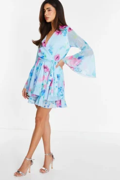 Quiz Blue Floral Chiffon Skater Dress Clearance