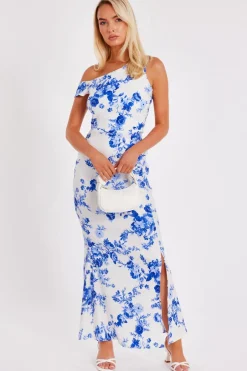 Quiz Blue Floral Drop Sleeve Maxi Dress Outlet