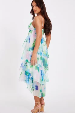 Quiz Blue Floral Tiered Midi Dress Hot