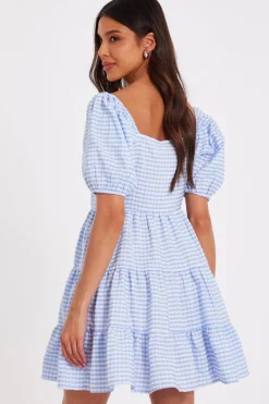 Quiz Blue Gingham Puff Sleeve Dress Clearance