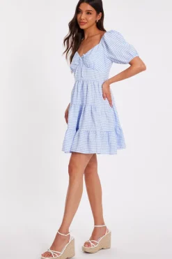 Quiz Blue Gingham Puff Sleeve Dress Clearance