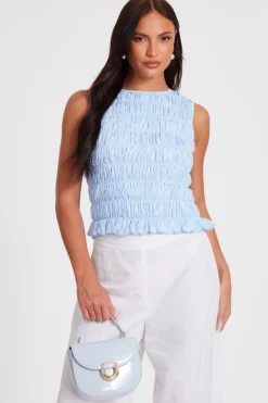 Quiz Jacquard Gathered Top Blue Clearance