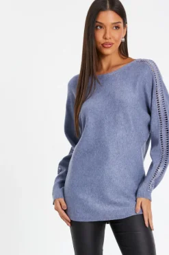 Quiz Light Knit Diamante Sleeve Jumper Blue Best