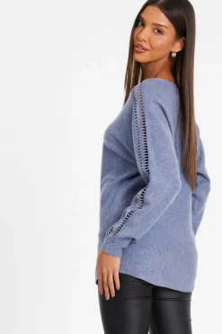 Quiz Light Knit Diamante Sleeve Jumper Blue Best