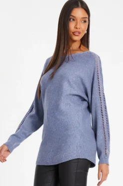 Quiz Light Knit Diamante Sleeve Jumper Blue Best
