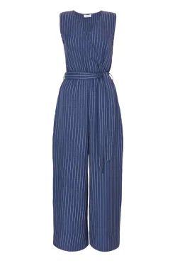 Quiz Linen Striped Jumpsuit Blue New