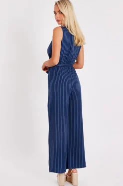 Quiz Linen Striped Jumpsuit Blue New