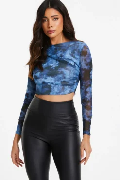 Quiz Blue Marble Print Mesh Crop Top Hot