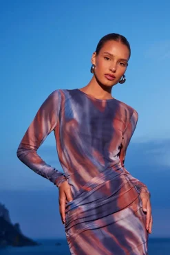 Quiz Blue Marble Print Mesh Midaxi Dress Hot
