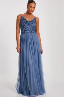 Quiz Blue Mesh Beaded Maxi Dress Online