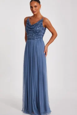 Quiz Blue Mesh Beaded Maxi Dress Online