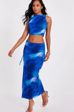 Quiz Blue Mesh Marble Crop Top Online