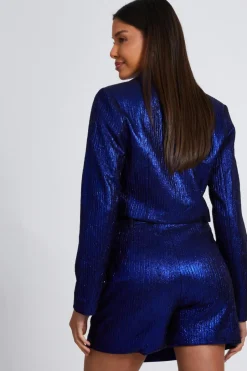 Quiz Blue Metallic Cropped Blazer Online