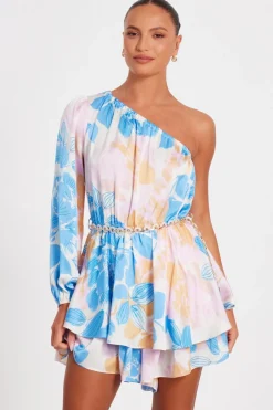 Quiz Blue One shoulder Floral Playsuit Discount
