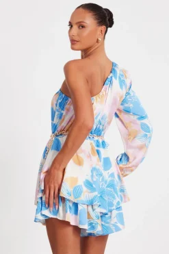 Quiz Blue One shoulder Floral Playsuit Discount