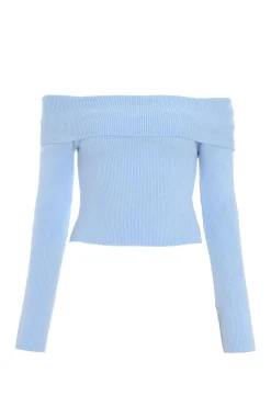 Quiz Blue Ribbed Bardot Jumper Light Blue Sale