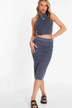 Quiz Blue Ribbed Midi Skirt Sale