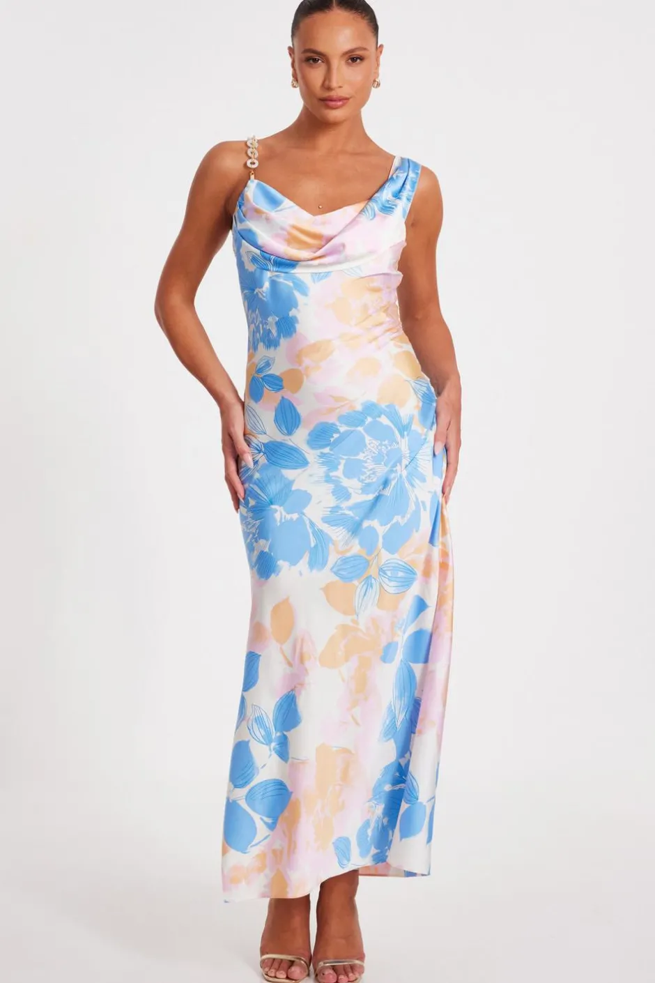 Quiz Blue Satin Floral Midaxi Dress Clearance