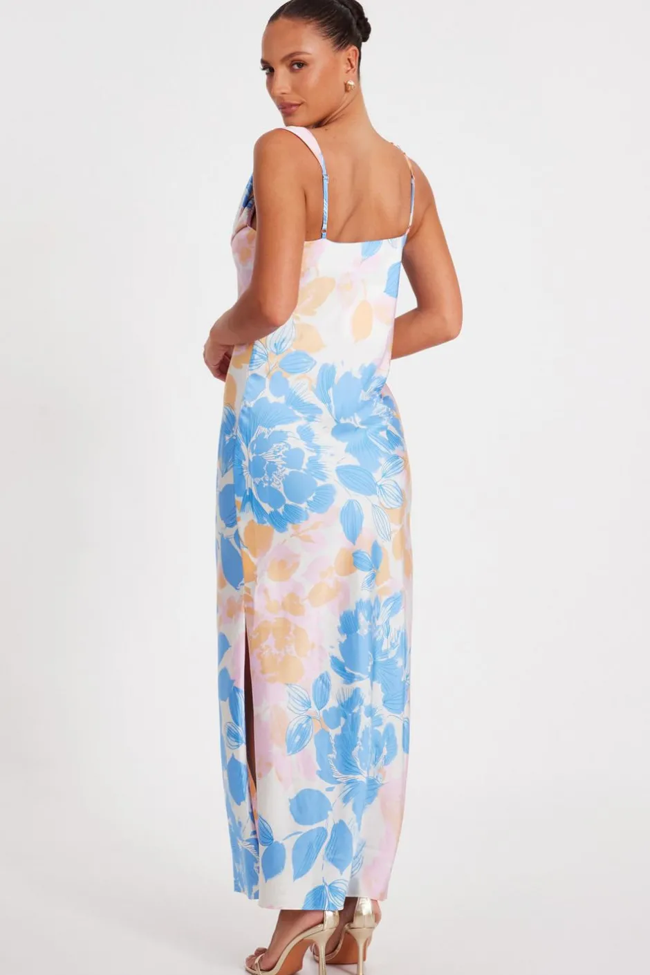 Quiz Blue Satin Floral Midaxi Dress Clearance