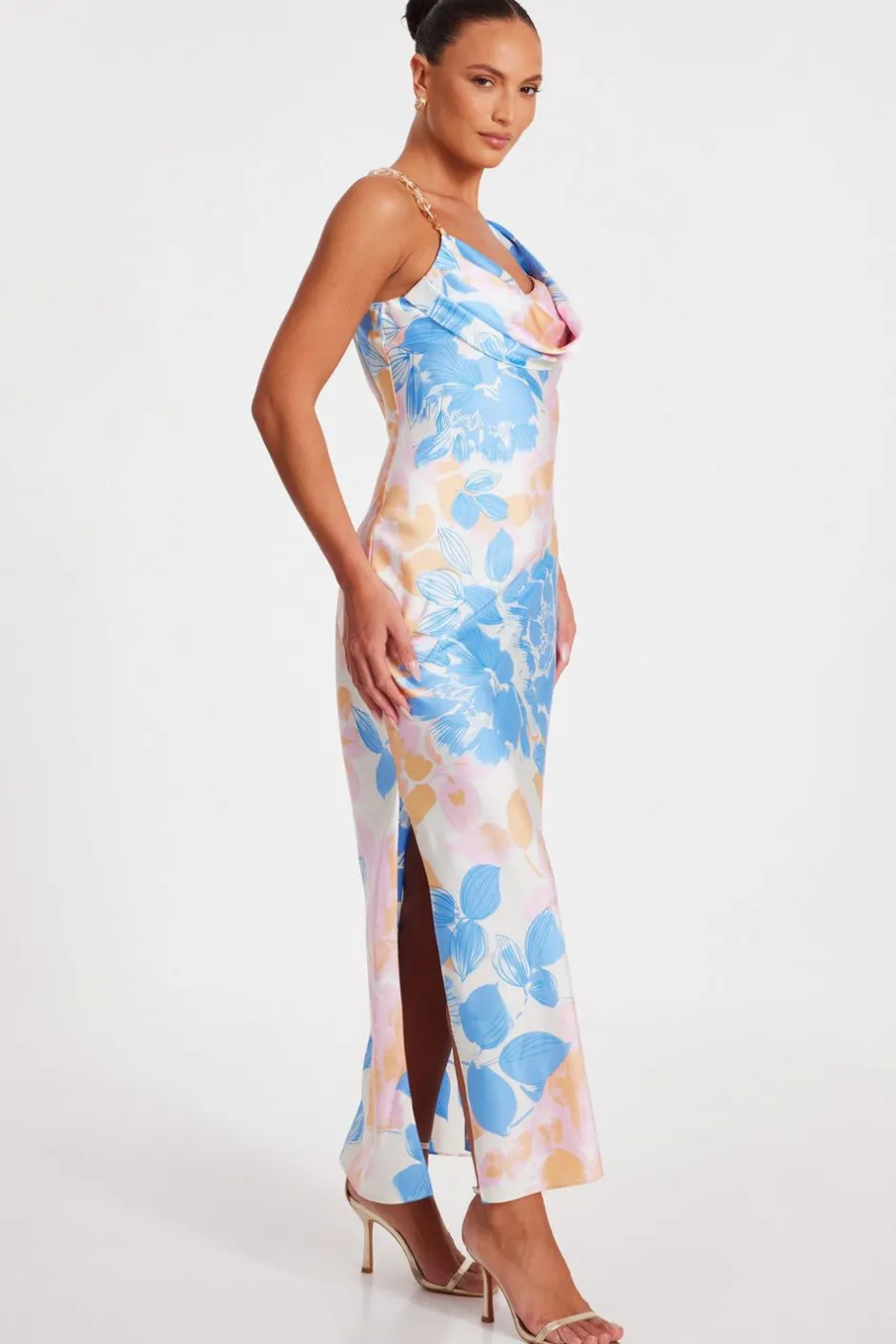 Quiz Blue Satin Floral Midaxi Dress Clearance