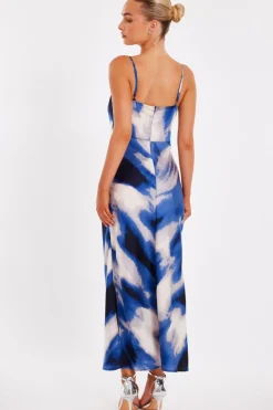 Quiz Blue Satin Marble Midaxi Dress Clearance