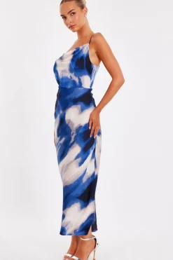 Quiz Blue Satin Marble Midaxi Dress Clearance