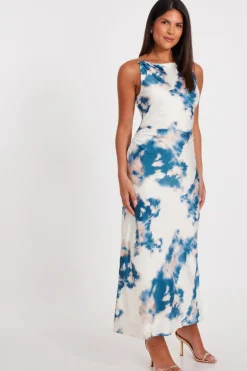 Quiz Blue Satin Marble Print Midaxi Dress Clearance