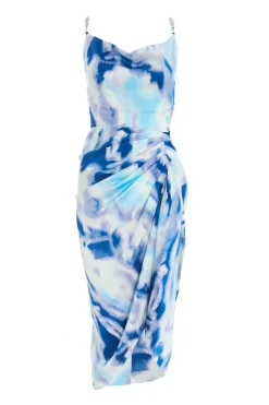 Quiz Blue Satin Marble Print Ruched Midi Dress