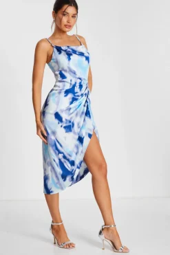 Quiz Blue Satin Marble Print Ruched Midi Dress