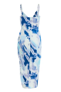Quiz Blue Satin Marble Print Ruched Midi Dress