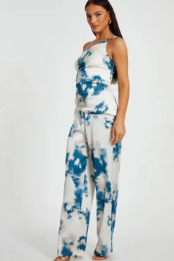 Quiz Blue Satin Marble Print Top Hot