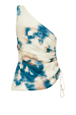 Quiz Blue Satin Marble Print Top Hot