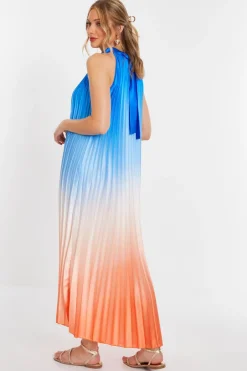 Quiz Blue Satin Ombre Pleated Maxi Dress Hot