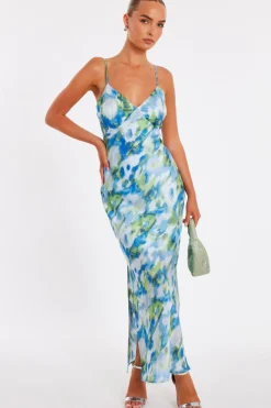 Quiz Blue Satin Tie Back Midaxi Dress Outlet