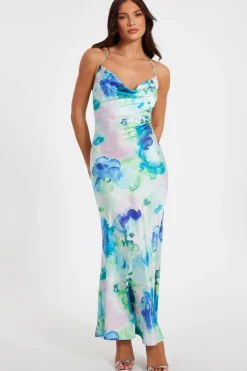 Quiz Blue Satin Tie Dye Midaxi Dress Discount