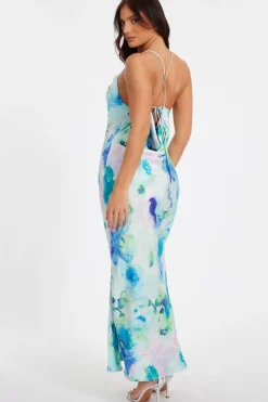 Quiz Blue Satin Tie Dye Midaxi Dress Discount