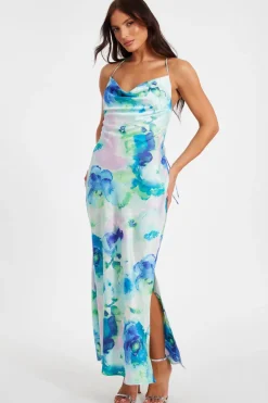 Quiz Blue Satin Tie Dye Midaxi Dress Discount