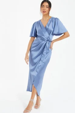 Quiz Blue Satin Wrap Ruched Midi Dress Online