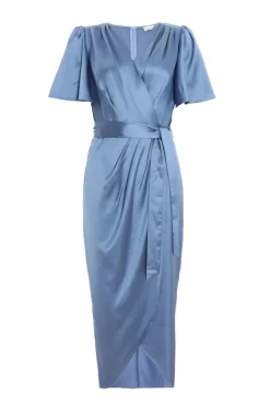 Quiz Blue Satin Wrap Ruched Midi Dress Online