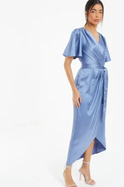 Quiz Blue Satin Wrap Ruched Midi Dress Online