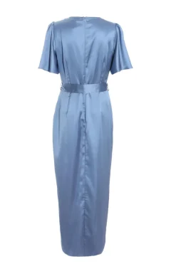 Quiz Blue Satin Wrap Ruched Midi Dress Online