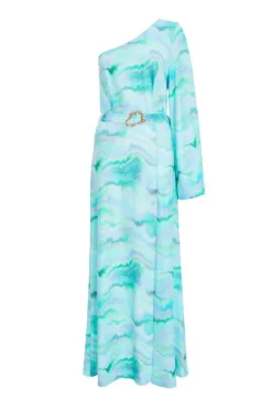 Quiz Blue Slinky Marble One Shoulder Fluted Dress